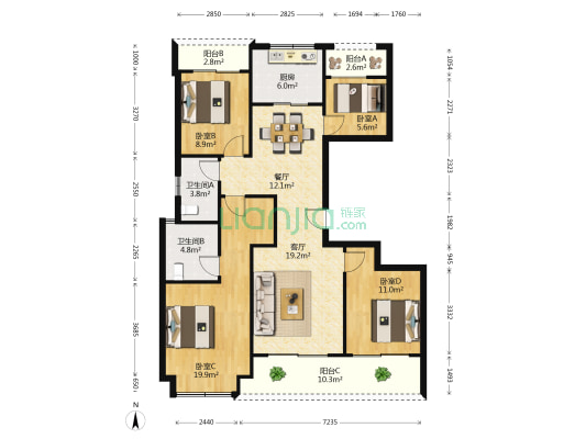 绿城留香园 4室2厅2卫 131平方