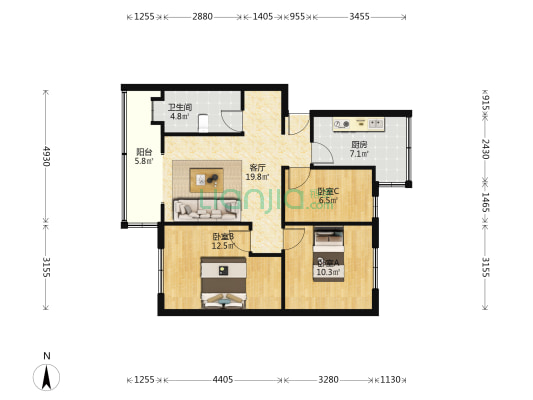 范阳主路旁单位家属院东西通透小三居出售-户型图