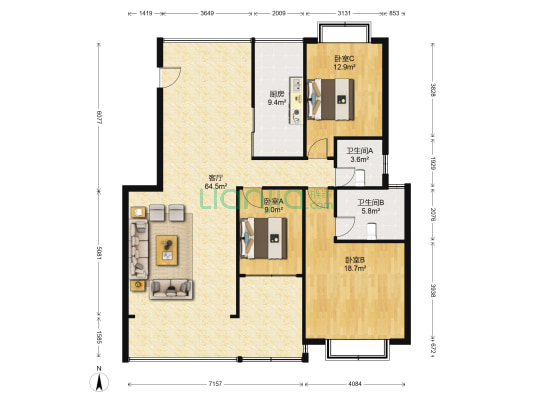上林宽境二区 3室1厅2卫 124平方