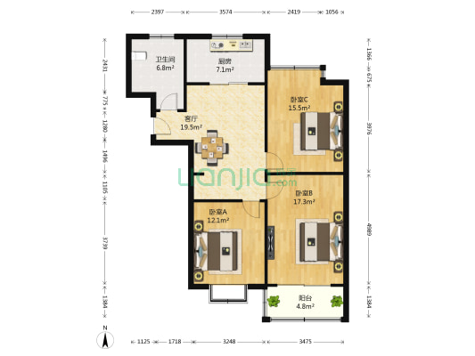 瑞星家园 3室1厅1卫 104平方