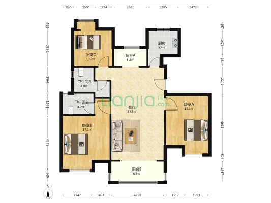 渤龙公寓 3室1厅2卫 131平方