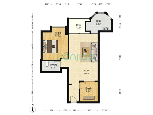 汀田大厦 2室1厅1卫 87平方