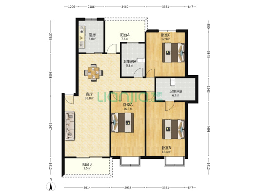 大塘梅苑小区 3室1厅2卫 129平方