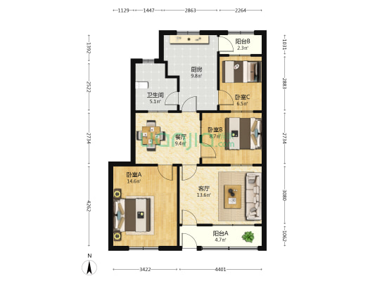 荷塘小区 3室2厅1卫 93平方