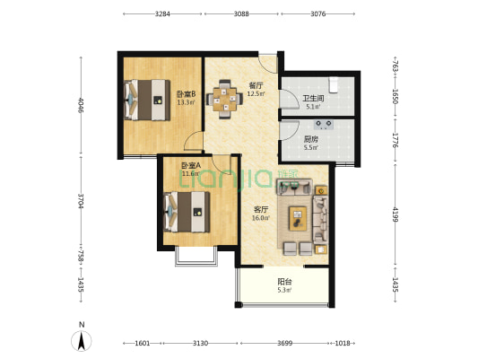 天佑家园 2室2厅1卫 92平方