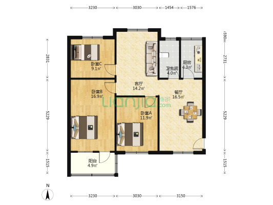 团市委家属院 3室2厅1卫 100平方