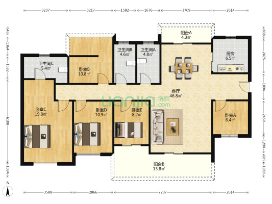 曦江润府 5室1厅3卫 168平方