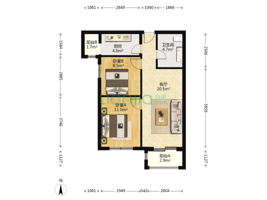 北人家园 2室1厅1卫 80平方