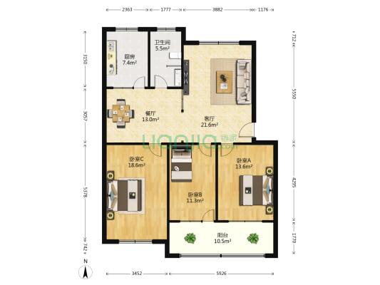 中航铁路小区 3室2厅1卫 118平方