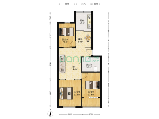 轻工机械厂 3室2厅1卫 78平方