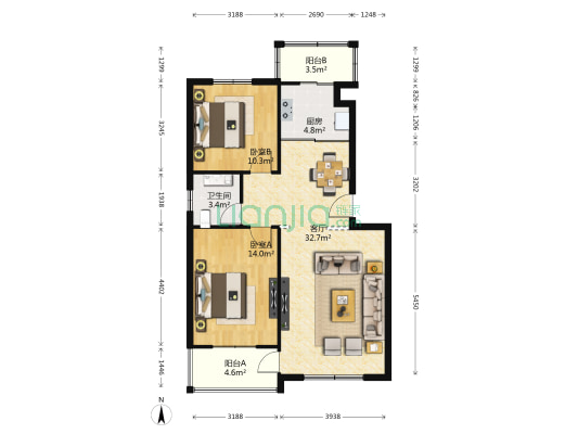 西苑花园西区 2室1厅1卫 94平方
