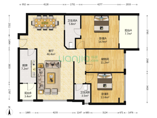 捷达名轩 2室1厅2卫 134平方