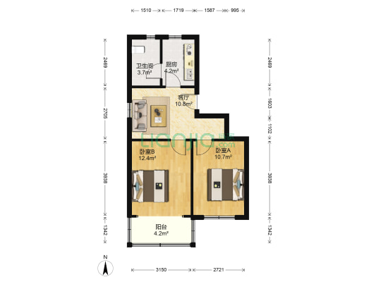 绿地公寓(长宁) 2室1厅1卫 61平方