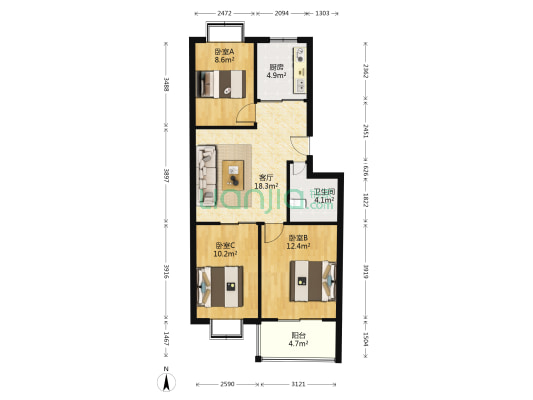 晨辉帝都城 3室1厅1卫 85平方