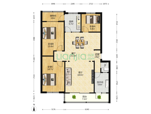 粮站宿舍 3室2厅2卫 125平方