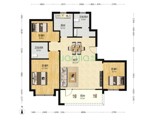 海信公园里 3室1厅3卫 132平方