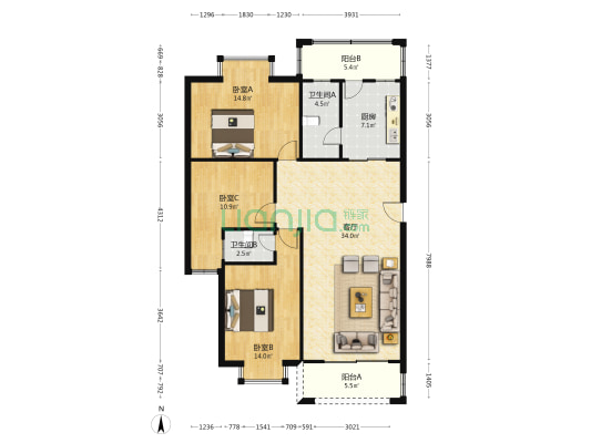 濠东小区银苑村 3室1厅2卫 122平方