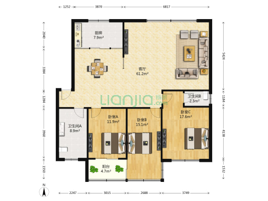 名实综合楼 3室1厅2卫 150平方