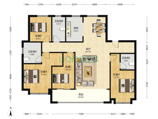 融创时代中心臻品园 4室1厅3卫 173平方