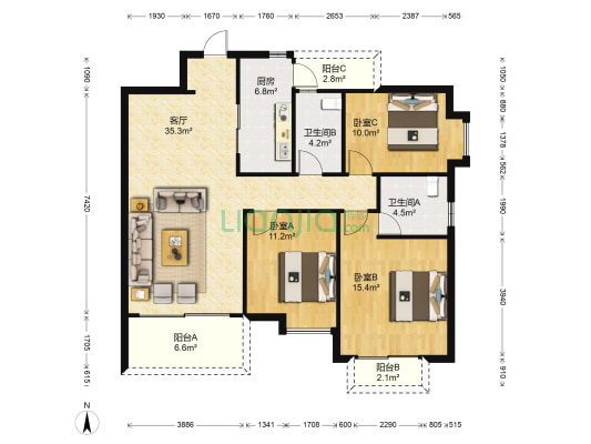 汇美体育花园 3室1厅2卫 124平方