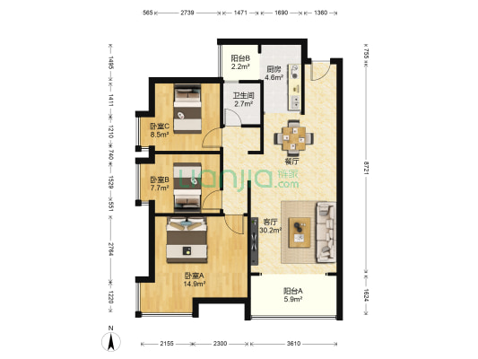 第三城丹槿园 3室1厅1卫 90平方