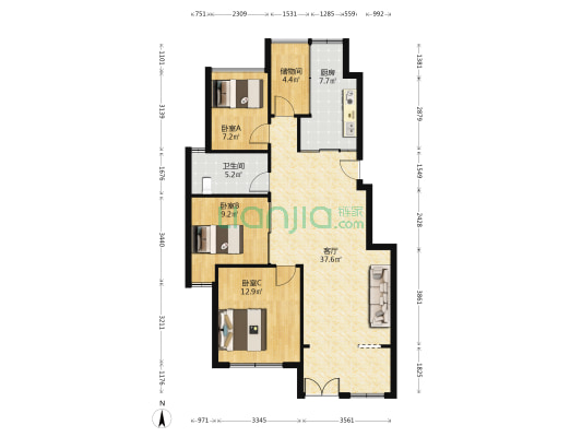 文一名门河畔 3室1厅1卫 97平方