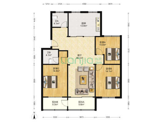 南苑三村 3室1厅2卫 125平方
