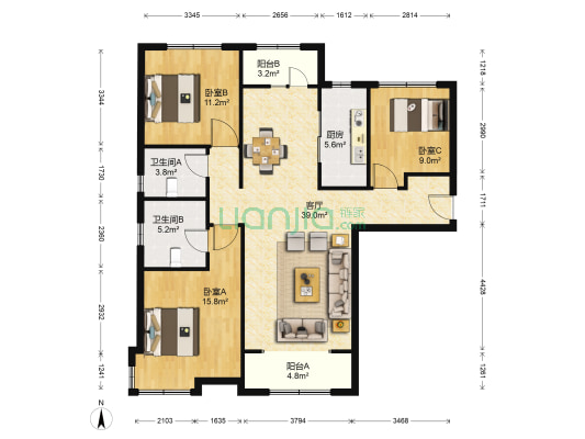 万科东郡 3室1厅2卫 131平方