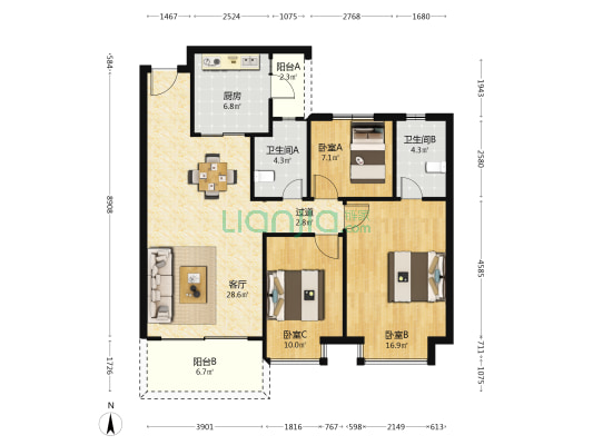 蓝铂湾 3室1厅2卫 117平方