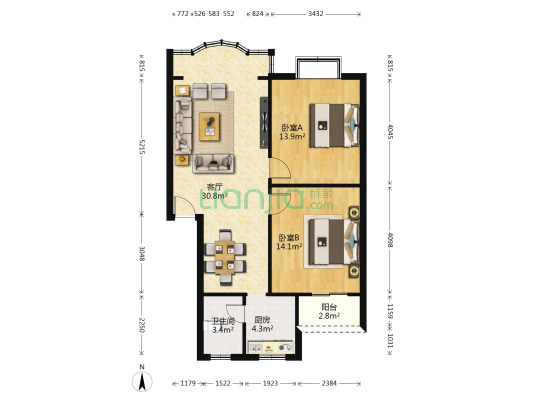 幸福小区 2室1厅1卫 86平方