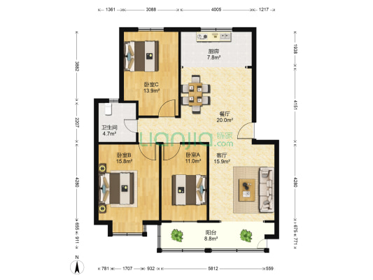 浦江小区 3室2厅1卫 115平方