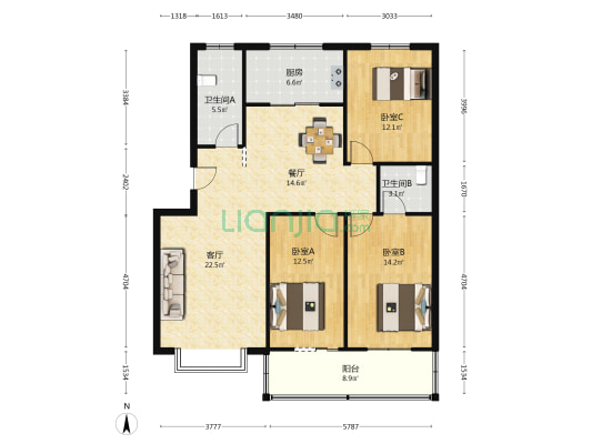 连丰花园 3室2厅2卫 120平方