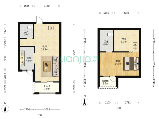 江山首府 1室1厅2卫 88平方