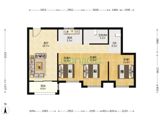 大都汇公馆 4室3厅2卫 133平方