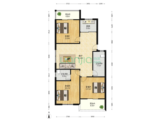 枫香苑 3室1厅2卫 119平方