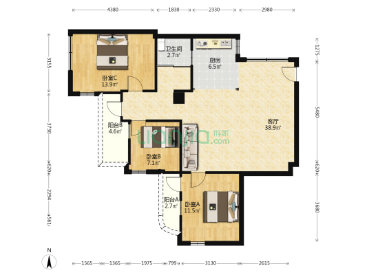 华侨新苑 3室1厅1卫 102平方