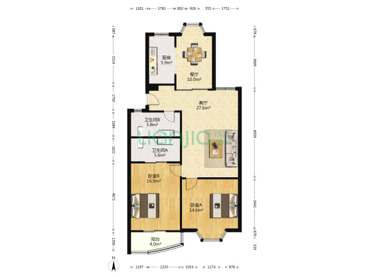 新鑫佳苑 2室2厅2卫 107平方