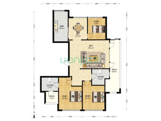 绿城·海棠公寓北区 3室2厅2卫 158平方