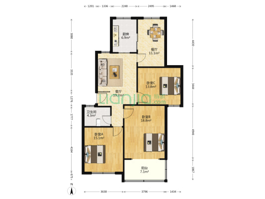 京蓬社区 3室2厅1卫 112平方