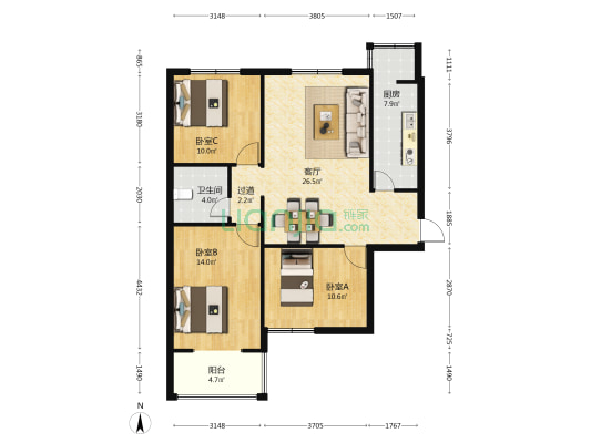 卓昱北苑 3室1厅1卫 105平方