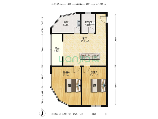 摩登国际 2室1厅1卫 105平方