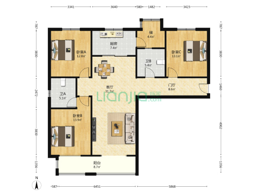 槐底村一区 3室1厅2卫 146平方