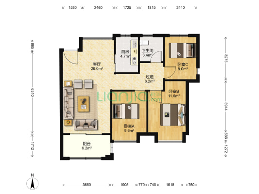 中环湖滨公馆 3室1厅1卫 107平方