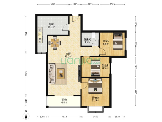 林业家园  3室1厅1卫 122平方