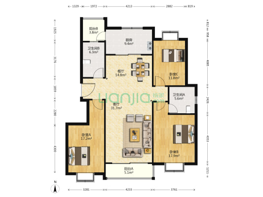 天辰花园 3室2厅2卫 161平方