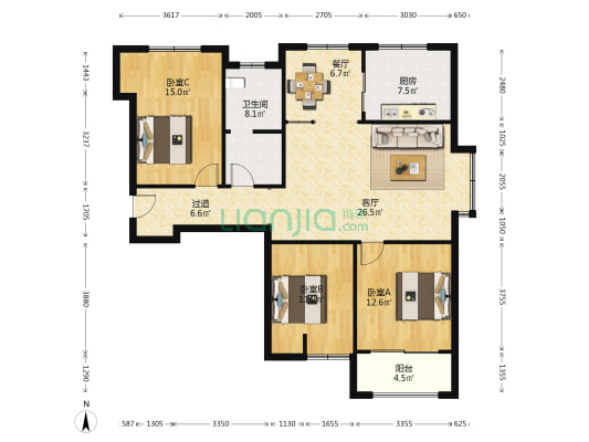 中和·香槟花园 3室2厅1卫 136平方