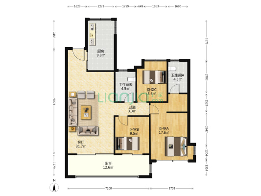文一塘溪津门丹青园 3室1厅2卫 127平方