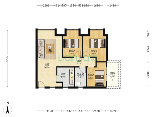 长房地铁银座 3室1厅1卫 84平方