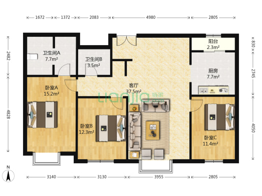 新世界花园澔景华庭 3室1厅2卫 146平方