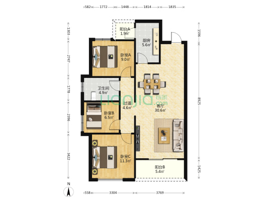 紫薇东进四期 3室1厅1卫 107平方